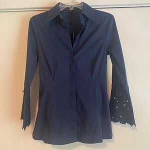 BCBGMaxAzria Navy Button Down Blouse with Lace Cuffs